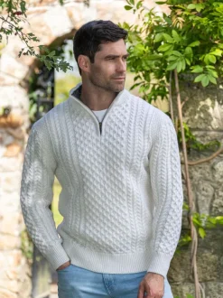 Mens Aran Half Zip Neck Sweater Natural