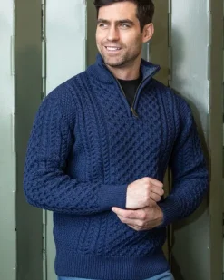 Mens Aran Half Zip Neck Sweater Deep Water Blue