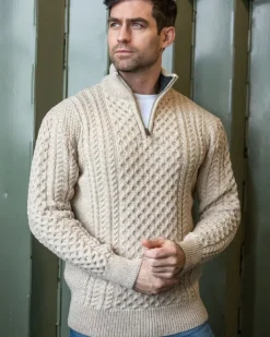 Mens Aran Half Zip Neck Sweater Beige