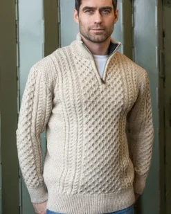 Mens Aran Half Zip Neck Sweater Beige
