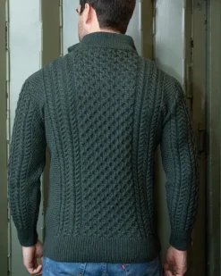 Mens Aran Half Zip Neck Sweater Army Green