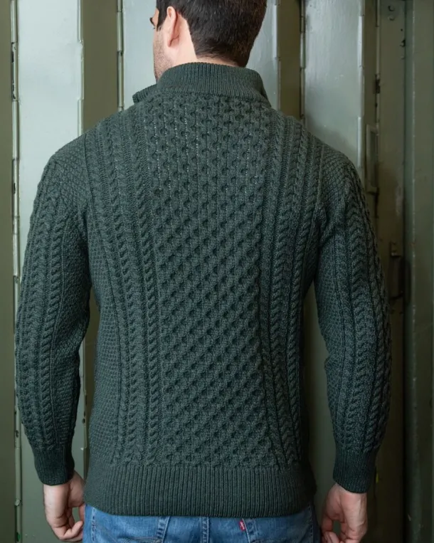 Mens Aran Half Zip Neck Sweater Army Green