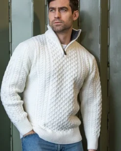 Mens Aran Half Zip Neck Sweater Natural