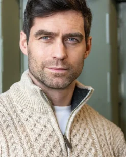 Mens Aran Half Zip Neck Sweater Beige