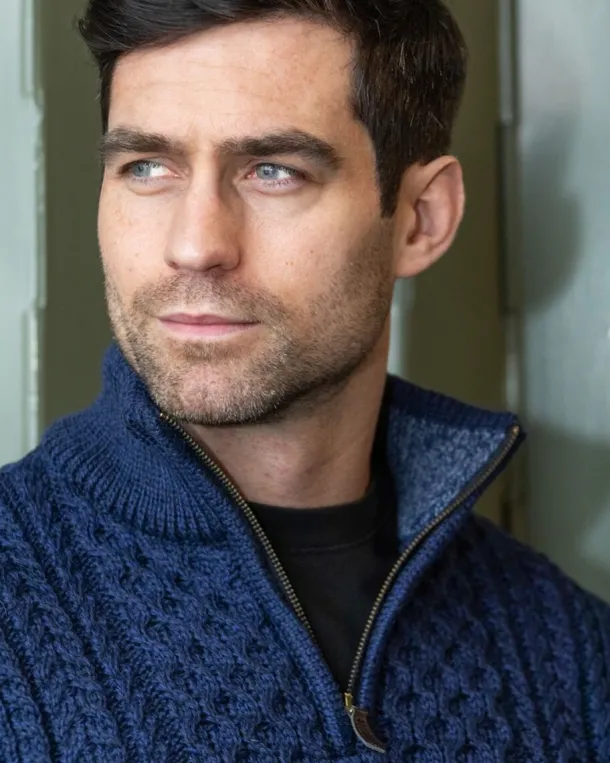 Mens Aran Half Zip Neck Sweater Deep Water Blue