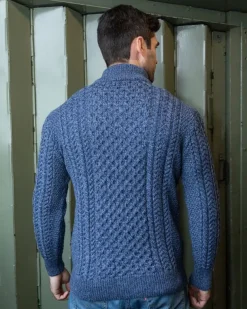 Mens Aran Half Zip Neck Sweater Denim Marl