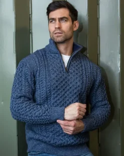 Mens Aran Half Zip Neck Sweater Denim Marl