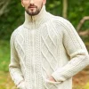 Mens Aran Handknit Full Zip Merino Wool Cardigan