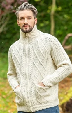 Mens Aran Handknit Full Zip Merino Wool Cardigan