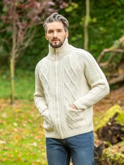 Mens Aran Handknit Full Zip Merino Wool Cardigan