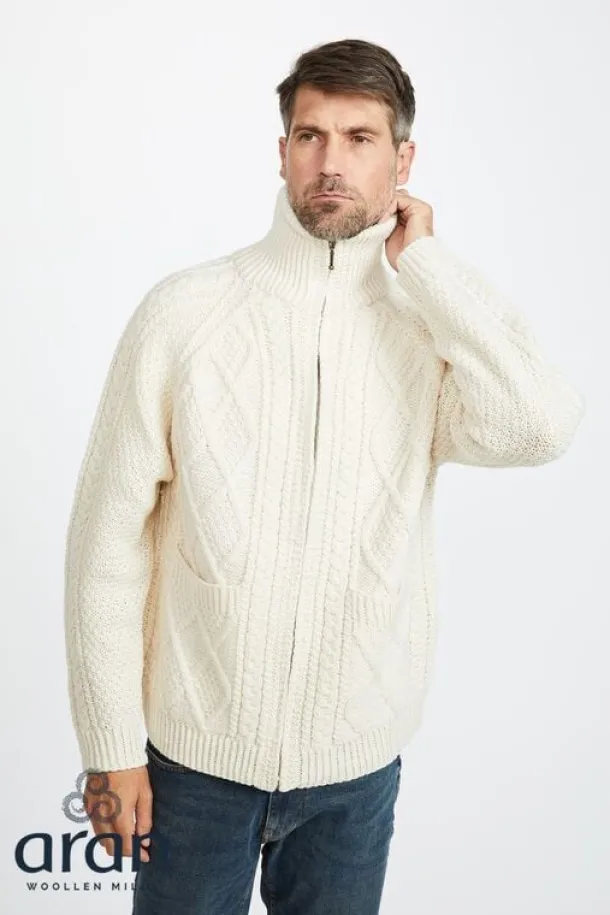 Mens Aran Handknit Full Zip Merino Wool Cardigan