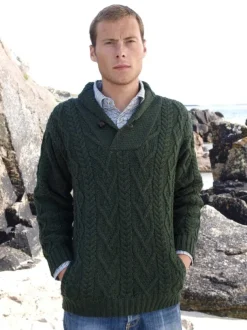 Mens Aran Shawl Neck Sweater Green