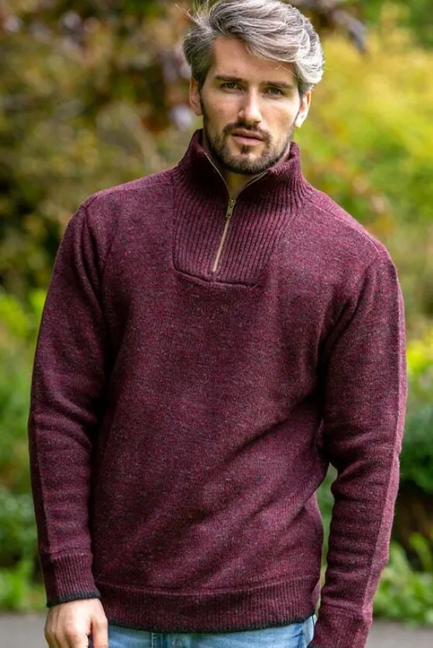 Men's Burgundy Lambswool Half Zip Sweater