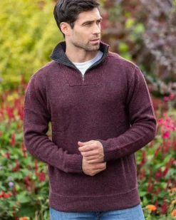Men's Burgundy Lambswool Half Zip Sweater