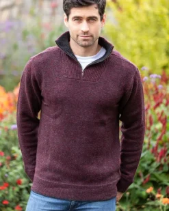 Men's Burgundy Lambswool Half Zip Sweater
