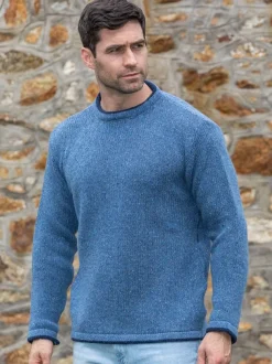 Men's Crew Neck Wool and Cashmere Sweater Blue Ocean