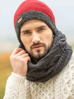 Mens Crochet Hat Red and Charcoal Rim