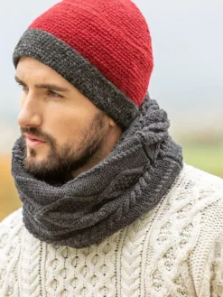 Mens Crochet Hat Red and Charcoal Rim