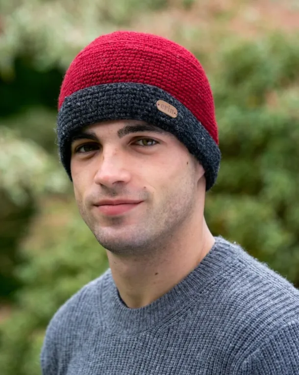 Mens Crochet Hat Red and Charcoal Rim