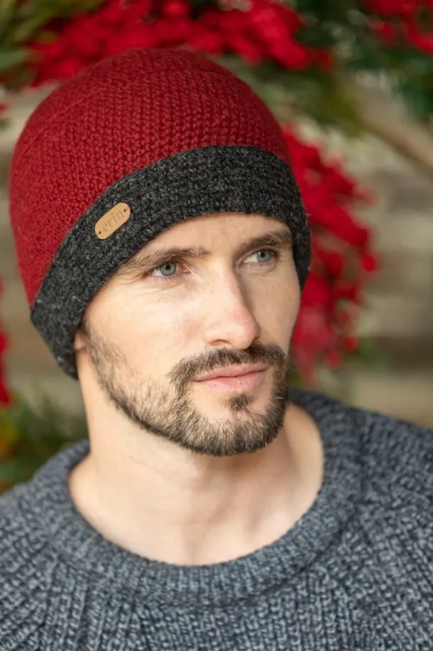 Mens Crochet Hat Red and Charcoal Rim