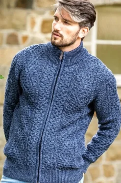 Mens Fisherman Full zip Cardigan Denim Marl