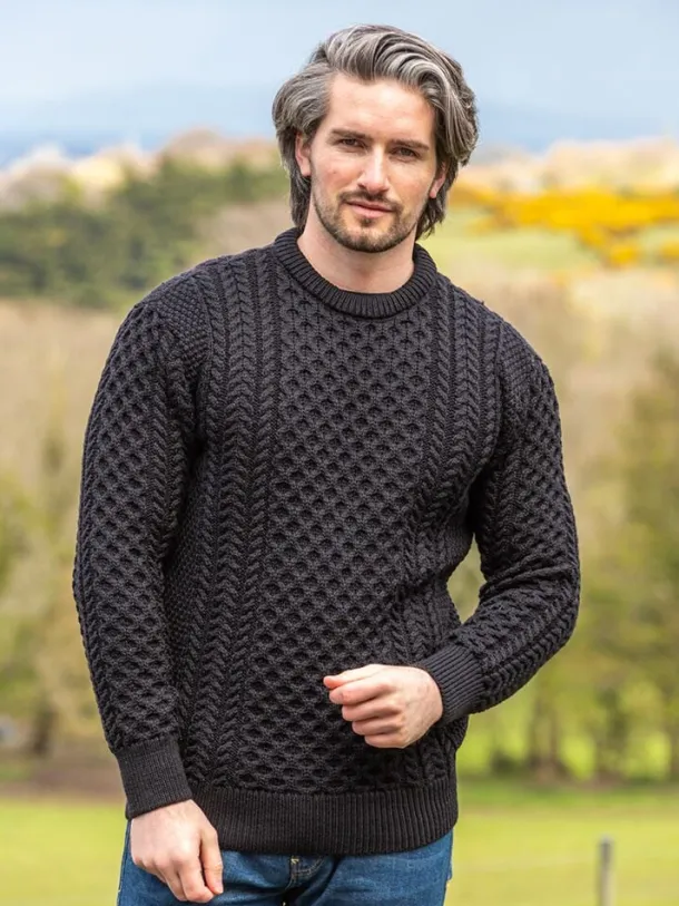 Mens Fisherman Merino Wool Sweater Black