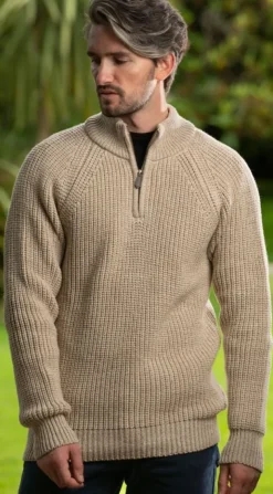 Men's half zip ribbed sweater Camel