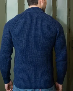 Men's half zip ribbed sweater Deep Water Blue