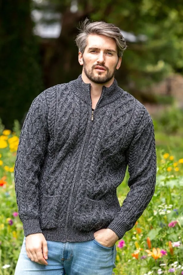 Men's Merino Wool Full Zip Aran Cardigan