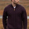 Men's Merino Wool Half Zip Aran Sweater Damson
