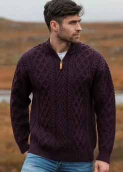 Men's Merino Wool Half Zip Aran Sweater Damson