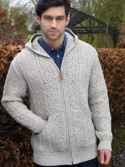 Men's Oatmeal Cable Knit Full Zip Hooded Cardigan