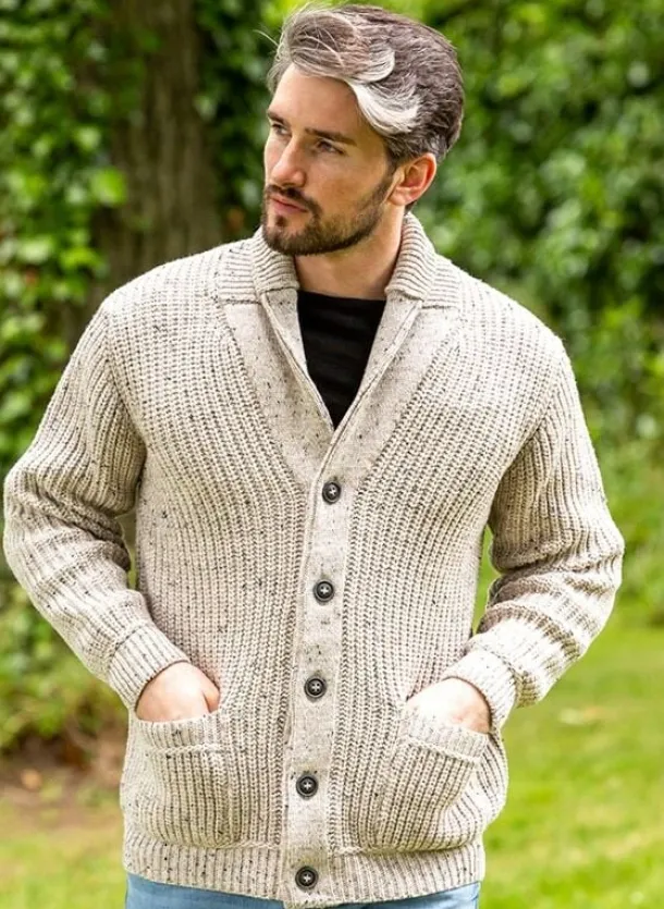 Men's Ribbed Shawl Neck Merino Wool Cardigan