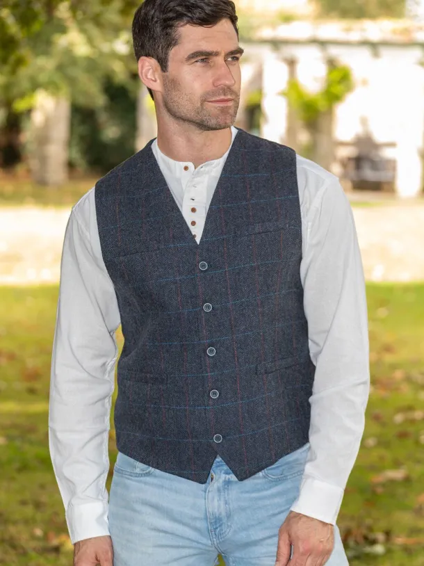 Mens Tweed Waistcoat Blue Overcheck