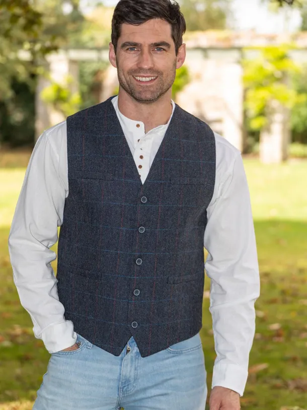 Mens Tweed Waistcoat Blue Overcheck