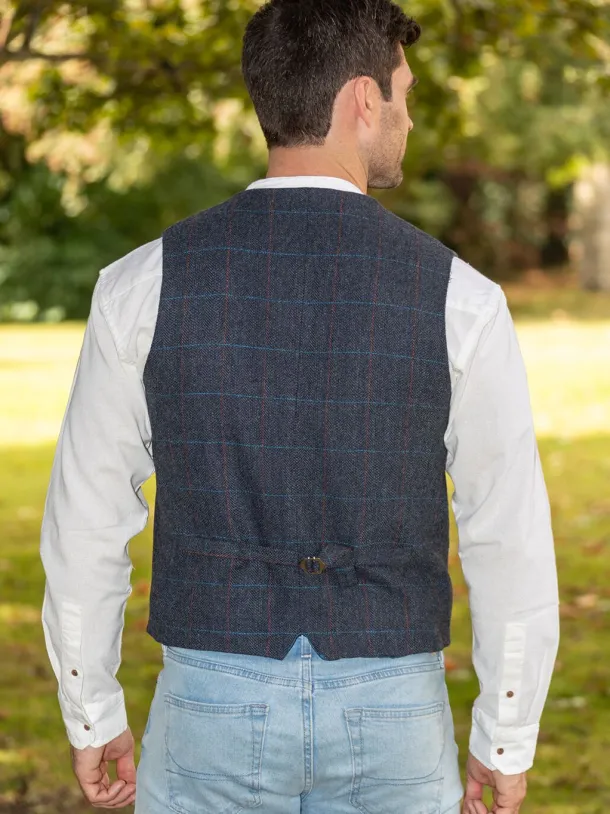 Mens Tweed Waistcoat Blue Overcheck