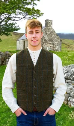 Mens Tweed Waistcoat Olive Overcheck