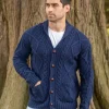 Men's V Neck Aran Cardigan Deep Water Blue