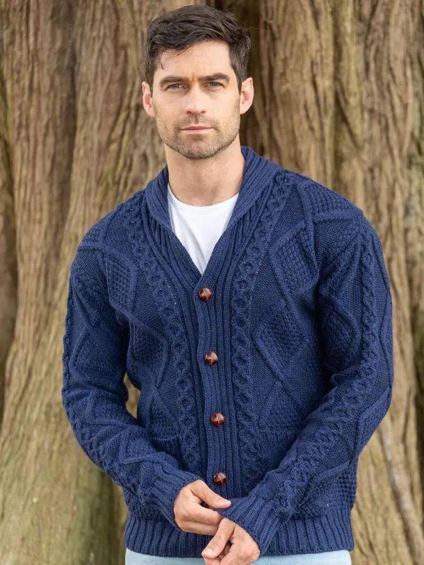 Men's V Neck Aran Cardigan Deep Water Blue