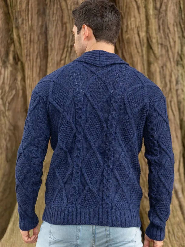Men's V Neck Aran Cardigan Deep Water Blue