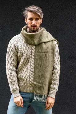 Men's Wool and Cashmere Moss Green Herringbone Scarf