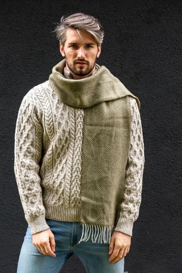 Men's Wool and Cashmere Moss Green Herringbone Scarf