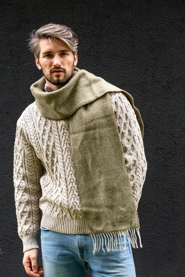 Men's Wool and Cashmere Moss Green Herringbone Scarf