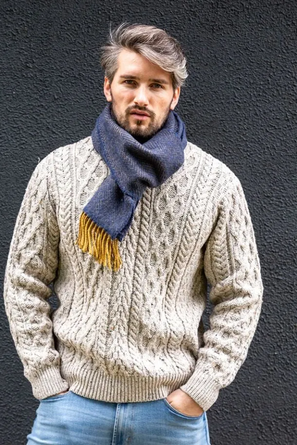 Men's Wool and Cashmere Navy/Mustard Herringbone Scarf 2433