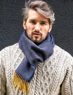 Men's Wool and Cashmere Navy/Mustard Herringbone Scarf 2433