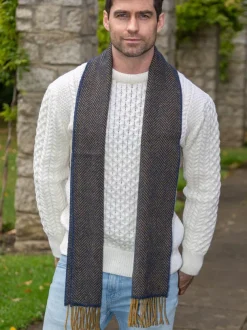 Men's Wool and Cashmere Navy/Mustard Herringbone Scarf 2433