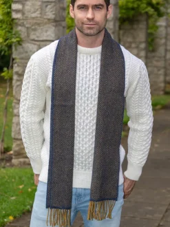 Men's Wool and Cashmere Navy/Mustard Herringbone Scarf 2433