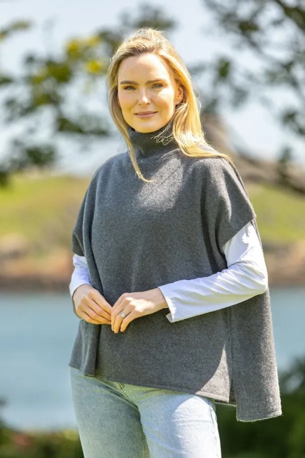 Merino Wool & Cashmere Short Sleeve Sweater Dark Grey