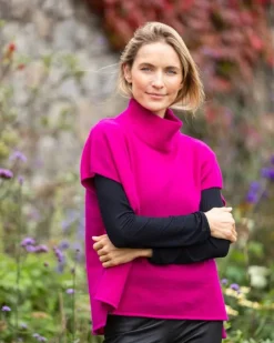 Merino Wool and Cashmere Short Sleeve Sweater Fuchsia