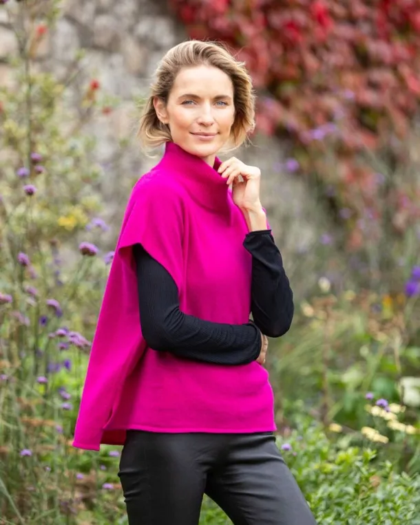 Merino Wool and Cashmere Short Sleeve Sweater Fuchsia